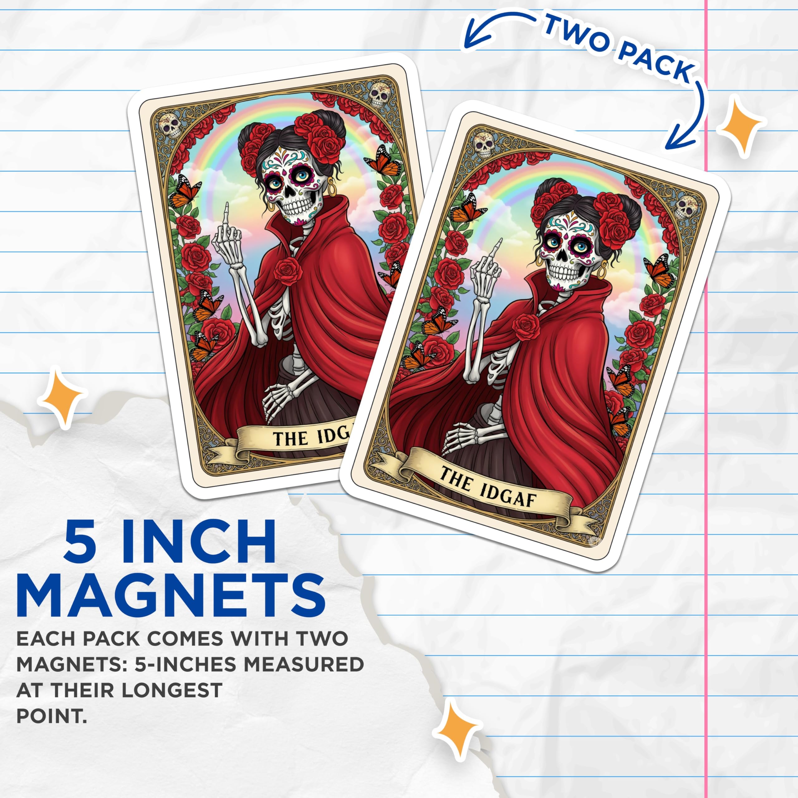 (2 Pack) Sugar Skull Magnets - Day of The Dead Home Decor - Funny Kitchen Magnets Set - 5" On Longest Side - Premium Magnet - for Cars, Refrigerators, Toolboxes, Lockers - Made in USA - MAG14141