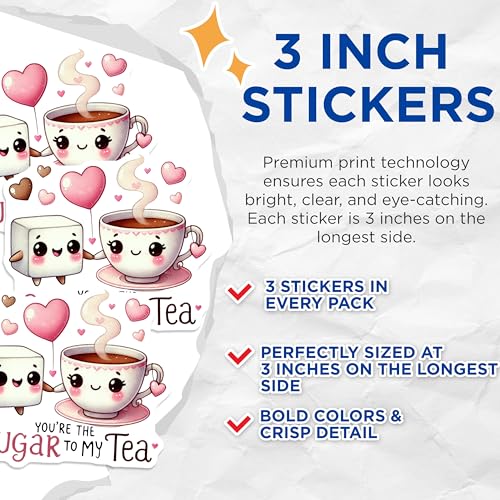 (3 Pack) You are The Sugar to My Tea Decals - Kawaii Food Pun - Laptop Decal - Cute Tea Cup - 3 Inches On Longest Side - Easy Peel & Apply - Made in USA - 3MCS2347