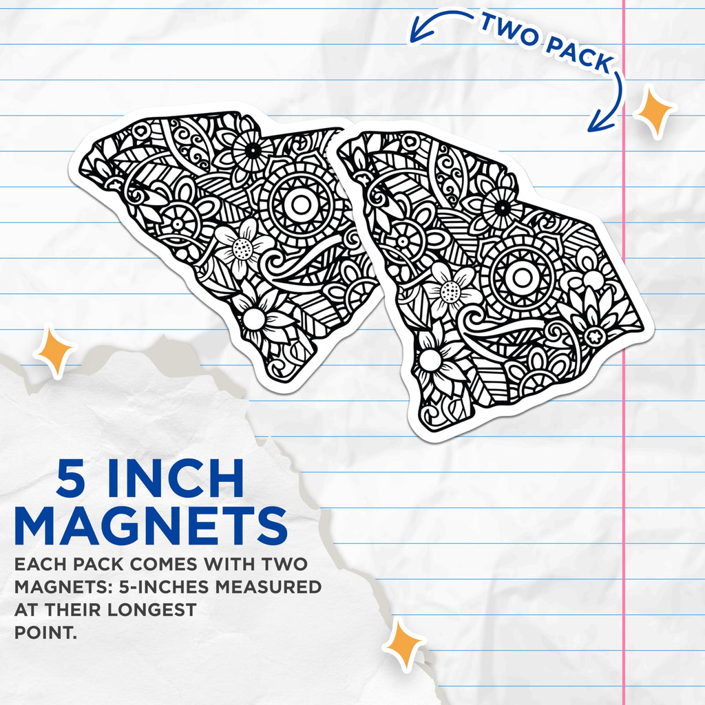 (2 Pack) South Carolina Magnets - SC State Outline Decor - Floral Mandala Art - Southern Pride Accent - State Map Collection - 5 Inches On Longest Side - Thick Durable Magnet - Made in USA - MAG19199