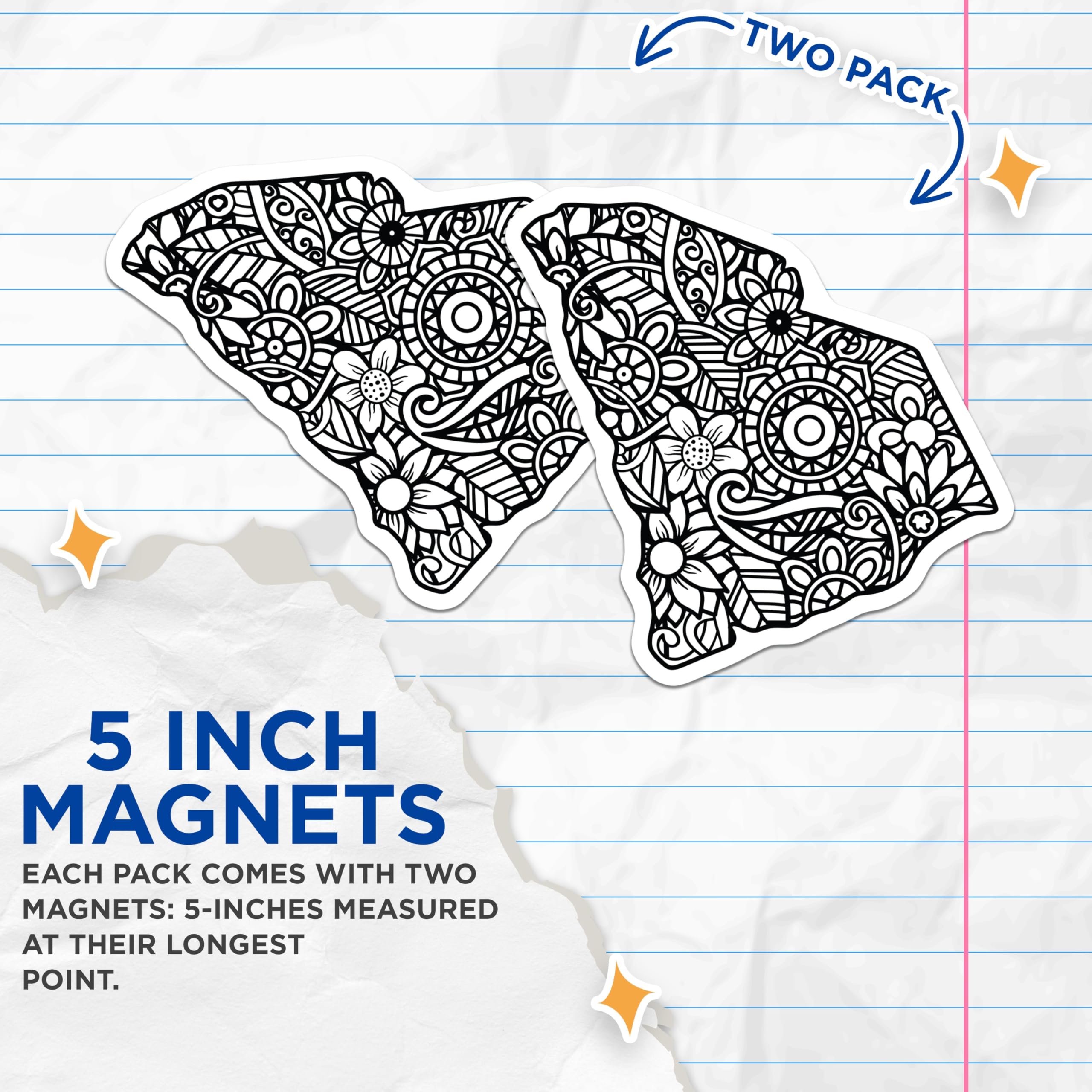 (2 Pack) South Carolina Magnets - SC State Outline Decor - Floral Mandala Art - Southern Pride Accent - State Map Collection - 5 Inches On Longest Side - Thick Durable Magnet - Made in USA - MAG19199