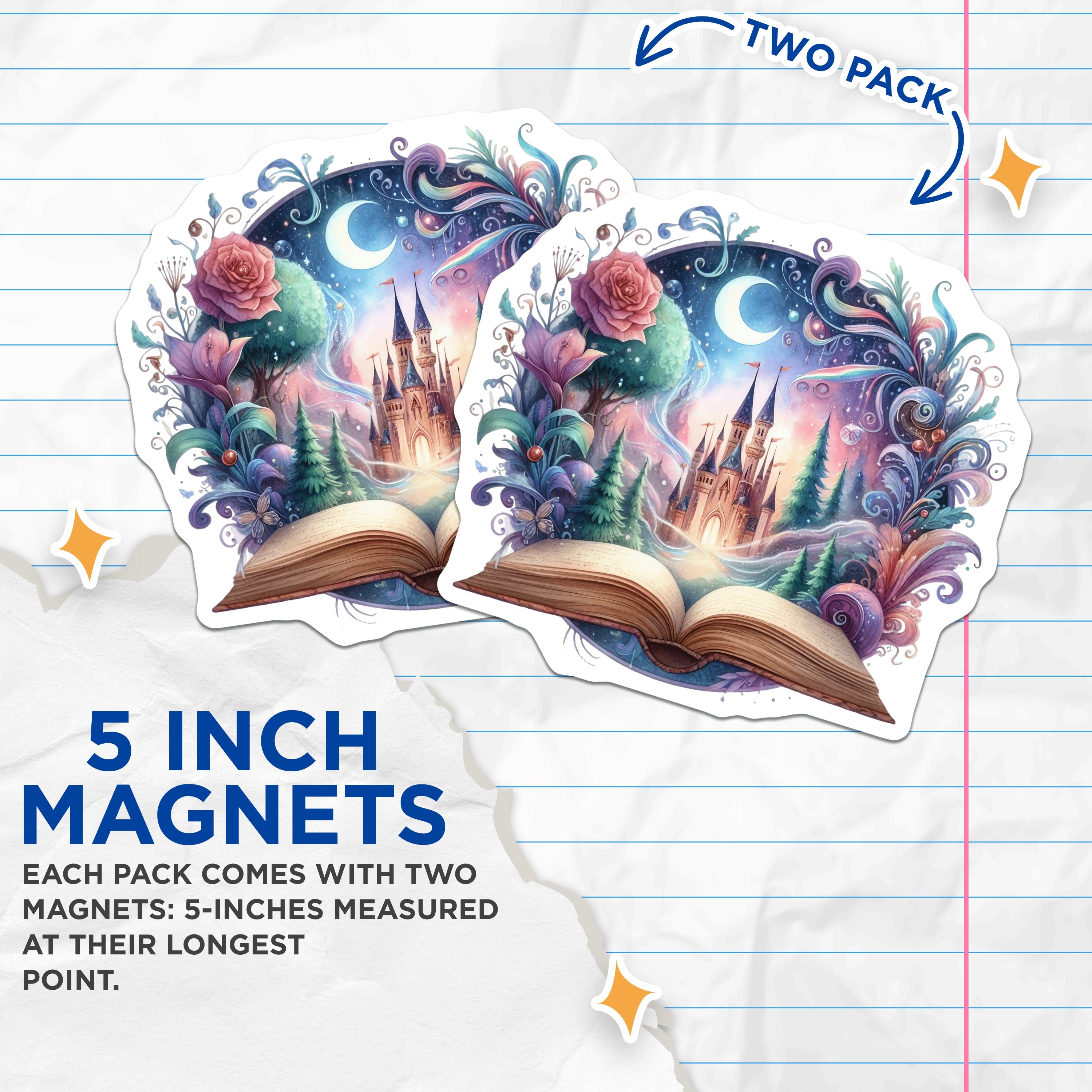 (2 Pack) Storybook Castle Magnets - Fairytale Art Decor - Book Lover Reading Accessory - 5 Inches On Longest Side - Thick Durable Magnet - Made in USA - MAG37224