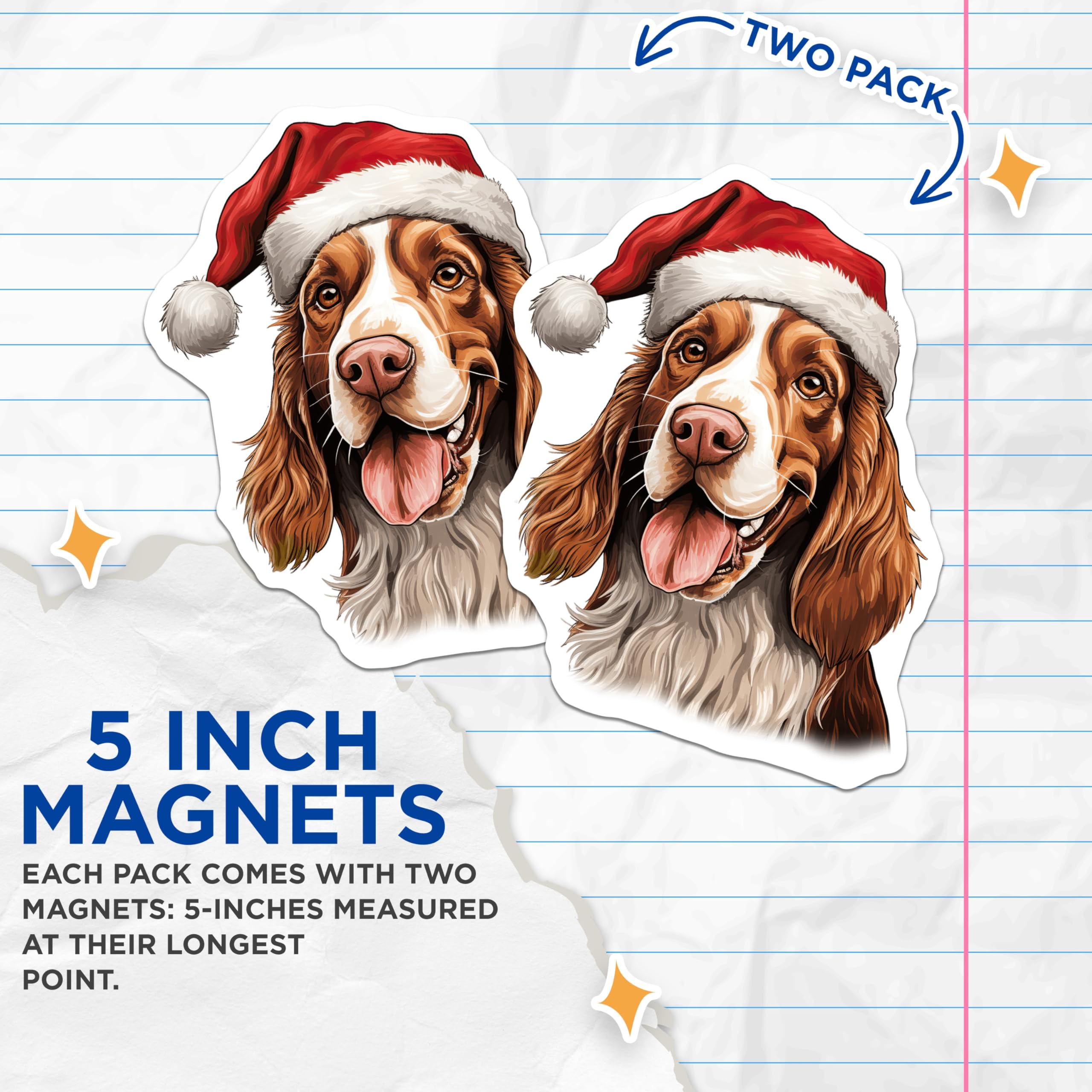 (2 Pack) Springer Spaniel Christmas Magnets - Santa Hat Dog Art - Festive Pet Lover Fridge Decor - 5 Inches On Longest Side - Thick Durable Magnet - Made in USA - MAG26553