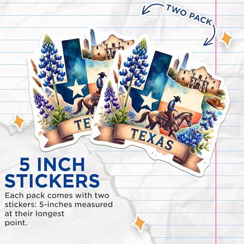 (2 Pack) Texas Stickers - Cowboy Riding Horse - Bluebonnet Flowers - Texas State Map - The Alamo - Western Theme - 5" On Longest Side - Sticks to Smooth Flat Surfaces - Made in USA - BMCS6991