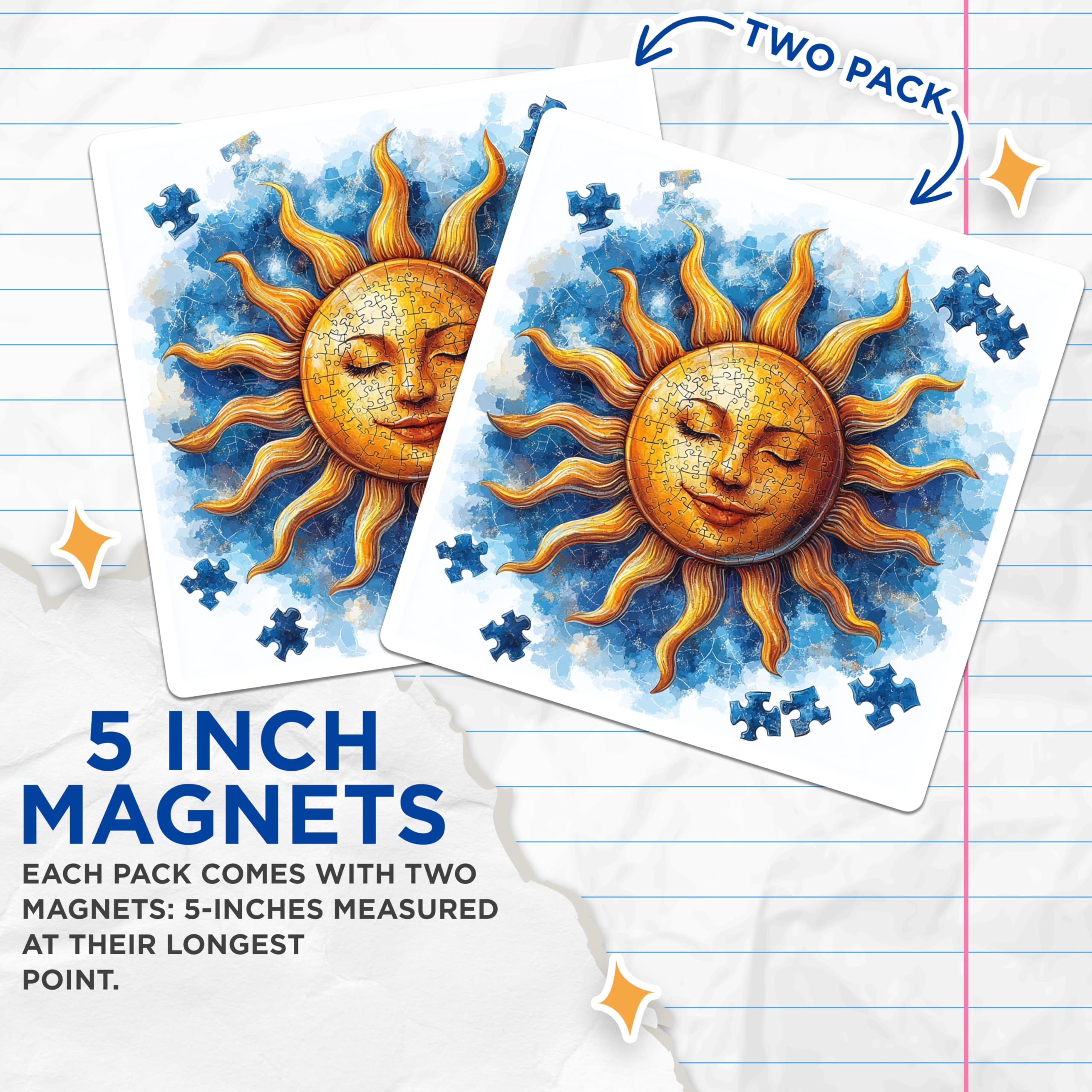 (2 Pack) Sun Puzzle Magnets - Mystical Celestial Fridge Magnets - Serene Bohemian Art - Unique Puzzle Lover Decor - 5 Inches On Longest Side - Thick Durable Magnet - Made in USA - MAG25081
