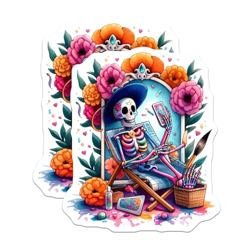 (2 Pack) Day of The Dead Skulls Stickers - Mexican Festival Art - Colorful Skeleton Decor - 5" On Longest Side - Sticks to Smooth Flat Surfaces - Made in USA - BMCS9422