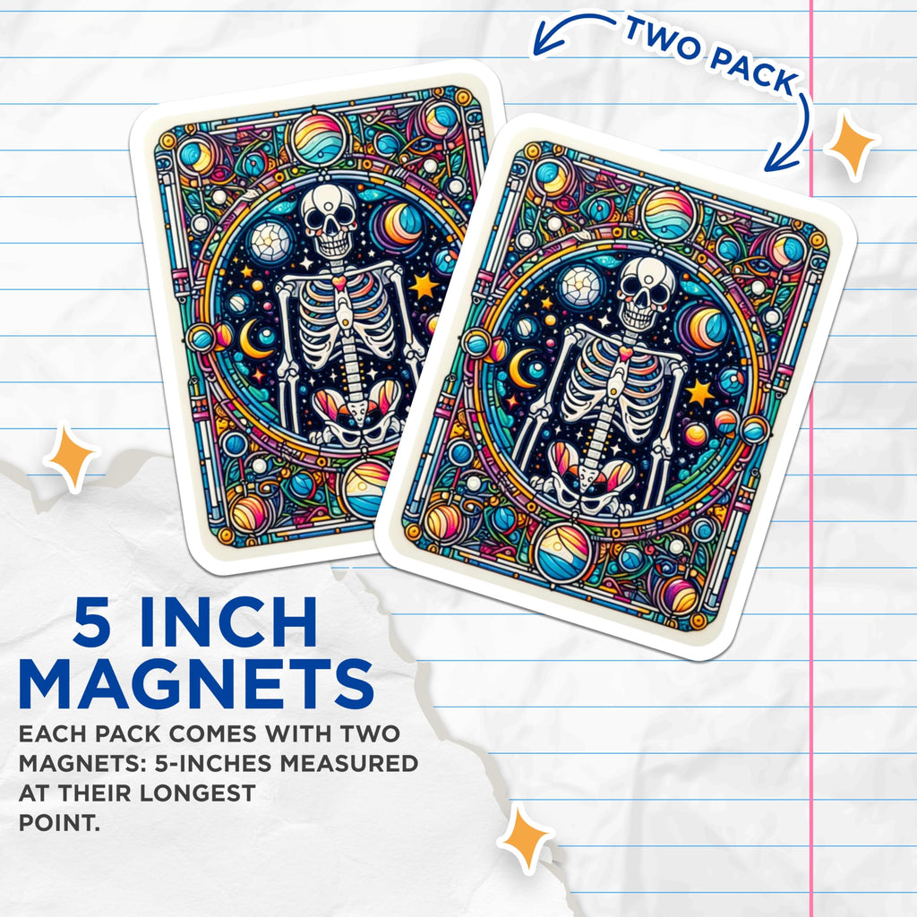 (2 Pack) Stained Glass Skeleton Magnets - Cosmic Universe Art - Mystical Skull Decor - Vibrant Celestial Accent Magnet - 5 Inches On Longest Side - Thick Durable Magnet - Made in USA - MAG22561