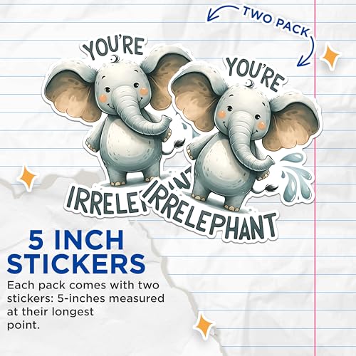 (2 Pack) Cute Elephant Stickers - Fun Animal Pun Decal - Laptops Notebooks Water Bottles - 5" On Longest Side - Sticks to Any Smooth Flat Surface - Made in USA - BMCS2646