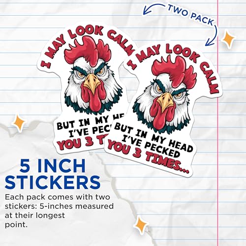 (2 Pack) Angry Chicken Stickers - Funny Quote Stickers - Humorous Animal Stickers for Laptops and Water Bottles - 5" On Longest Side - Sticks to Smooth Flat Surfaces - Made in USA - BMCS4550