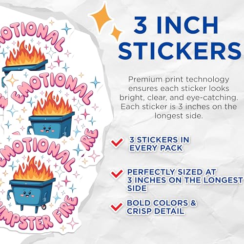 (3 Pack) Emotional Dumpster Fire Decals - Funny Meme - Trendy Laptop Decals - 3 Inches On Longest Side - Easy Peel & Apply - Made in USA - 3MCS8192