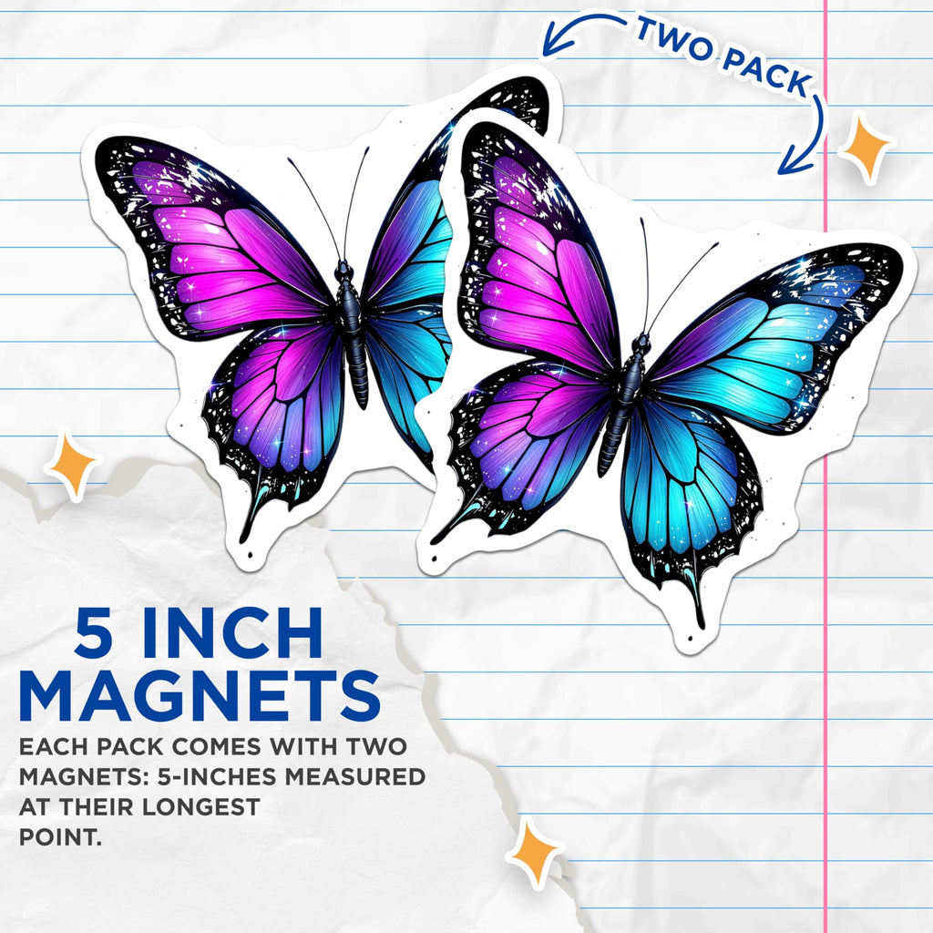 (2 Pack) Butterfly Magnets - Colorful Butterfly Art - Fridge Magnets - 5" On Longest Side - Premium Magnet - for Cars, Refrigerators, Toolboxes, Lockers - Made in USA - MAG14930