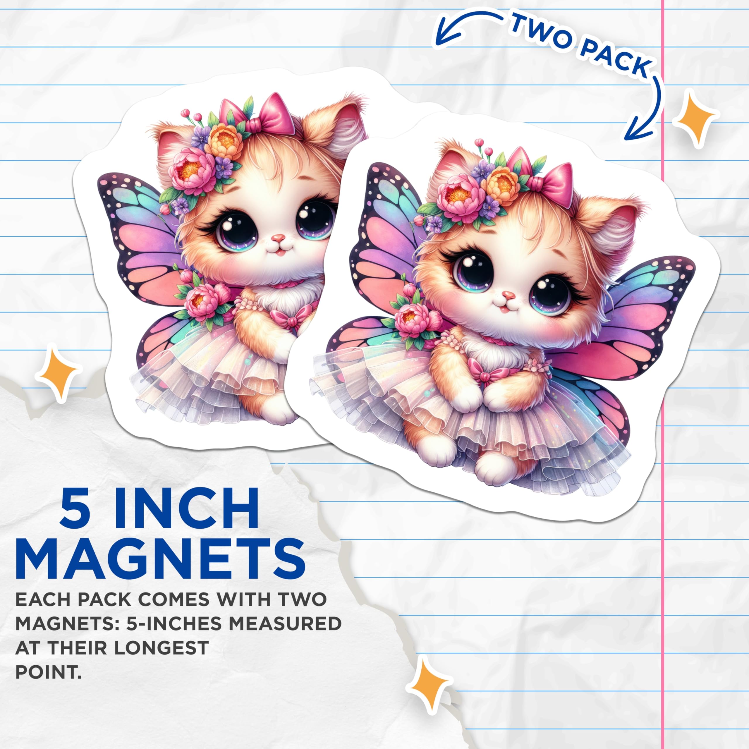 (2 Pack) Adorable Fairy Cat Magnets - Kawaii Butterfly Kitten Decor - Sweet Whimsical Princess Animal Refrigerator Accessory - 5 Inches On Longest Side - Thick Durable Magnet - Made in USA - MAG20363