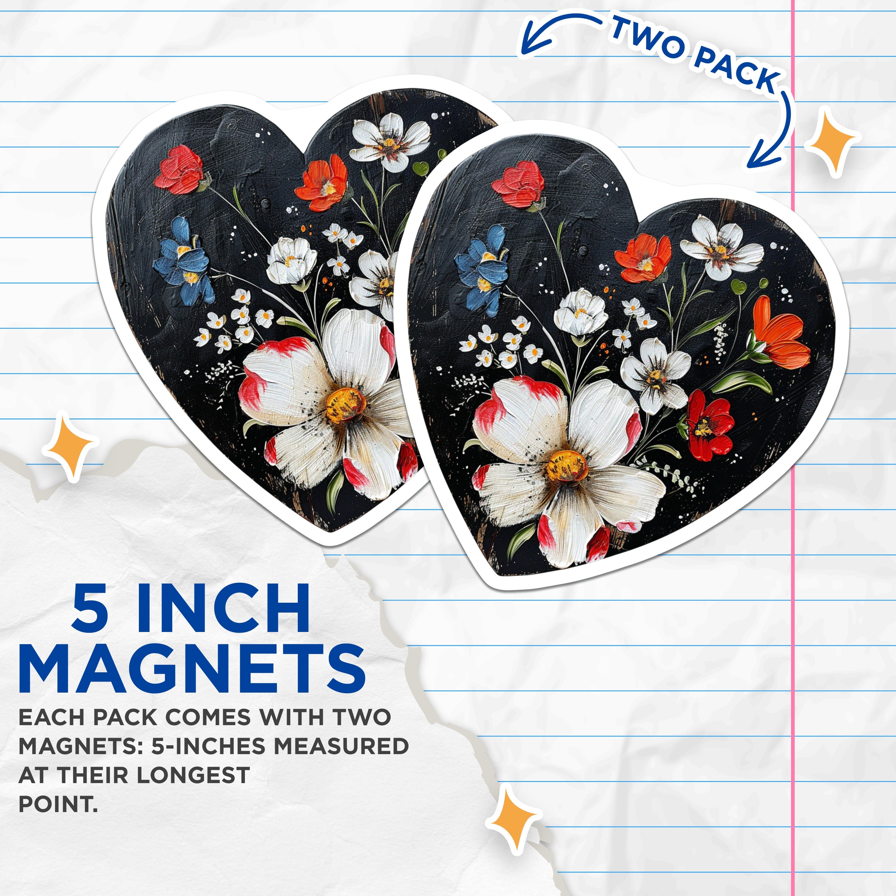 (2 Pack) Heart Shaped Floral Magnets - Rustic Flower Decor - Farmhouse Kitchen Fridge Magnets - 5 Inches On Longest Side - Thick Durable Magnet - Made in USA - MAG38645