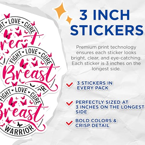 (3 Pack) Breast Cancer Warrior Decals - Awareness Ribbon - Fight Love Cure Decals - 3 Inches On Longest Side - Easy Peel & Apply - Made in USA - 3MCS2464