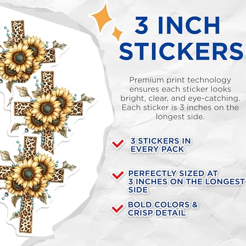(3 Pack) Leopard Cross Decals - Sunflower Stickers - Faith Decorations - 3 Inches On Longest Side - Easy Peel & Apply - Made in USA - 3MCS7490
