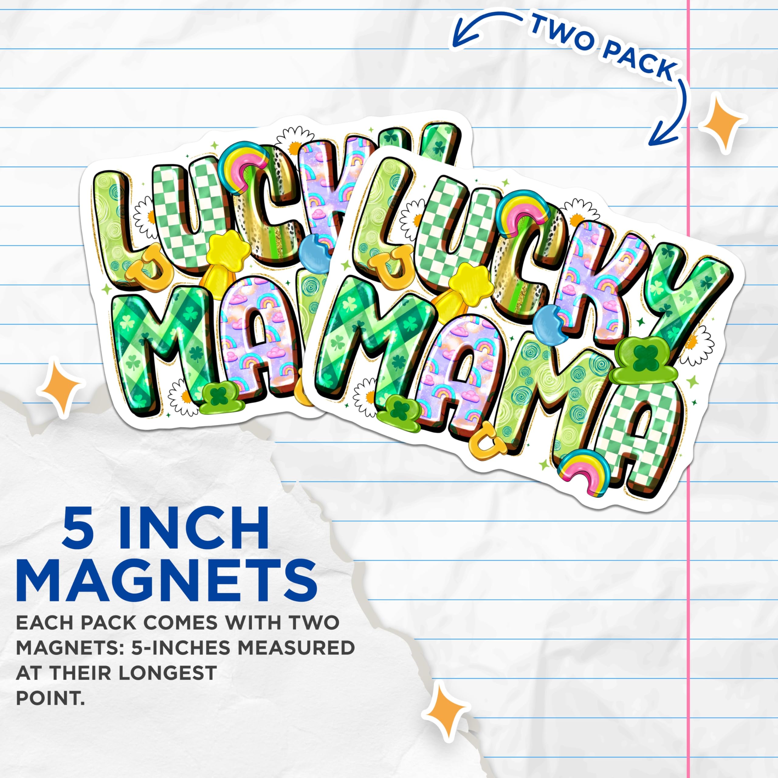 (2 Pack) Lucky Mama Magnets - St Patricks Day Decor - Shamrock Rainbow Mama Theme - 5 Inches On Longest Side - Thick Durable Magnet - Made in USA - MAG30342