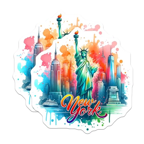 (2 Pack) New York Skyline Stickers - Travel Souvenir - Colorful Cityscape Sticker - 5" On Longest Side - Sticks to Smooth Flat Surfaces - Made in USA - BMCS7086