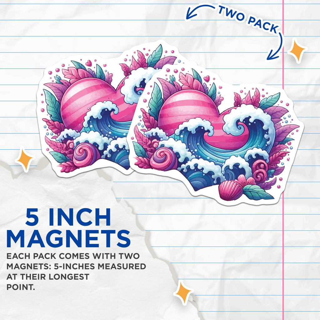 (2 Pack) Ocean Heart Magnets - Coastal Decor - Vibrant Love Art - Fridge Locker Accent - 5 Inches On Longest Side - Thick Durable Magnet - Made in USA - MAG20138