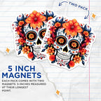 (2 Pack) Day of The Dead Skull Magnets - Sugar Skull Ative Magnets - Floral Skull Magnets - 5" On Longest Side - for Cars, Fridges, Toolboxes - Made in USA - MAG4571