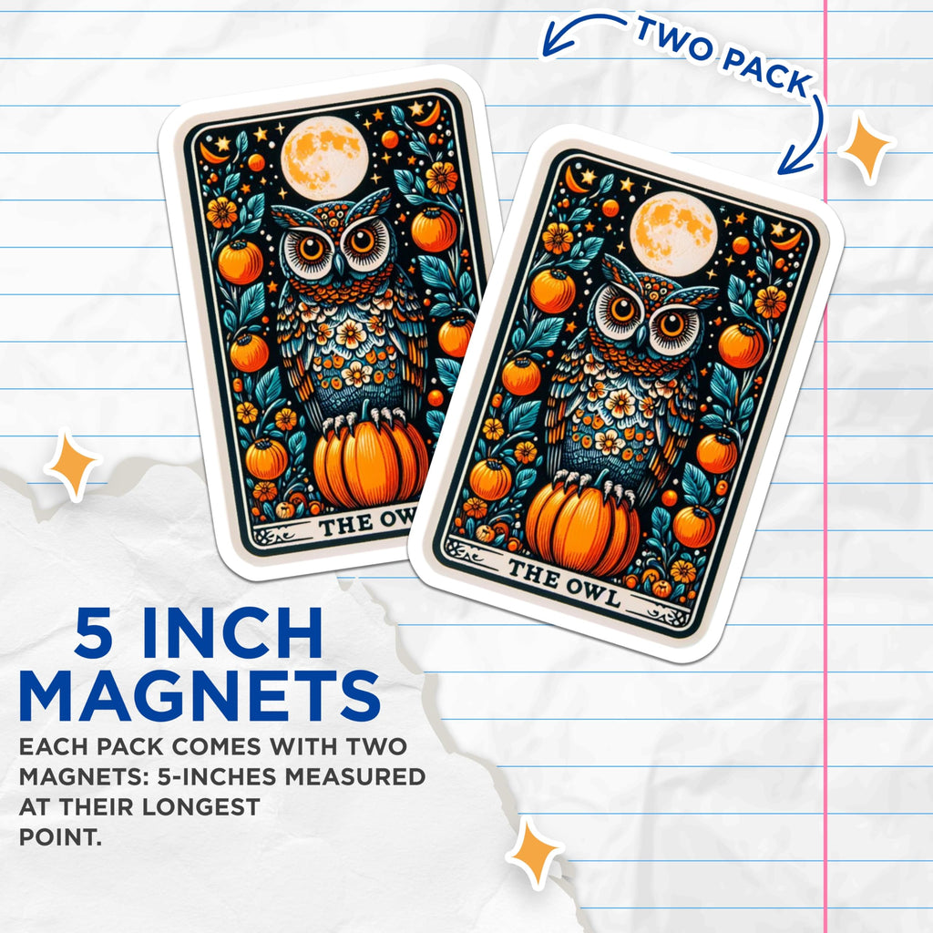 (2 Pack) Enchanting Owl Magnets - Celestial Moon Pumpkin Art - Tarot Card Style Autumn Decor Fridge Accessories - 5 Inches On Longest Side - Thick Durable Magnet - Made in USA - MAG22602