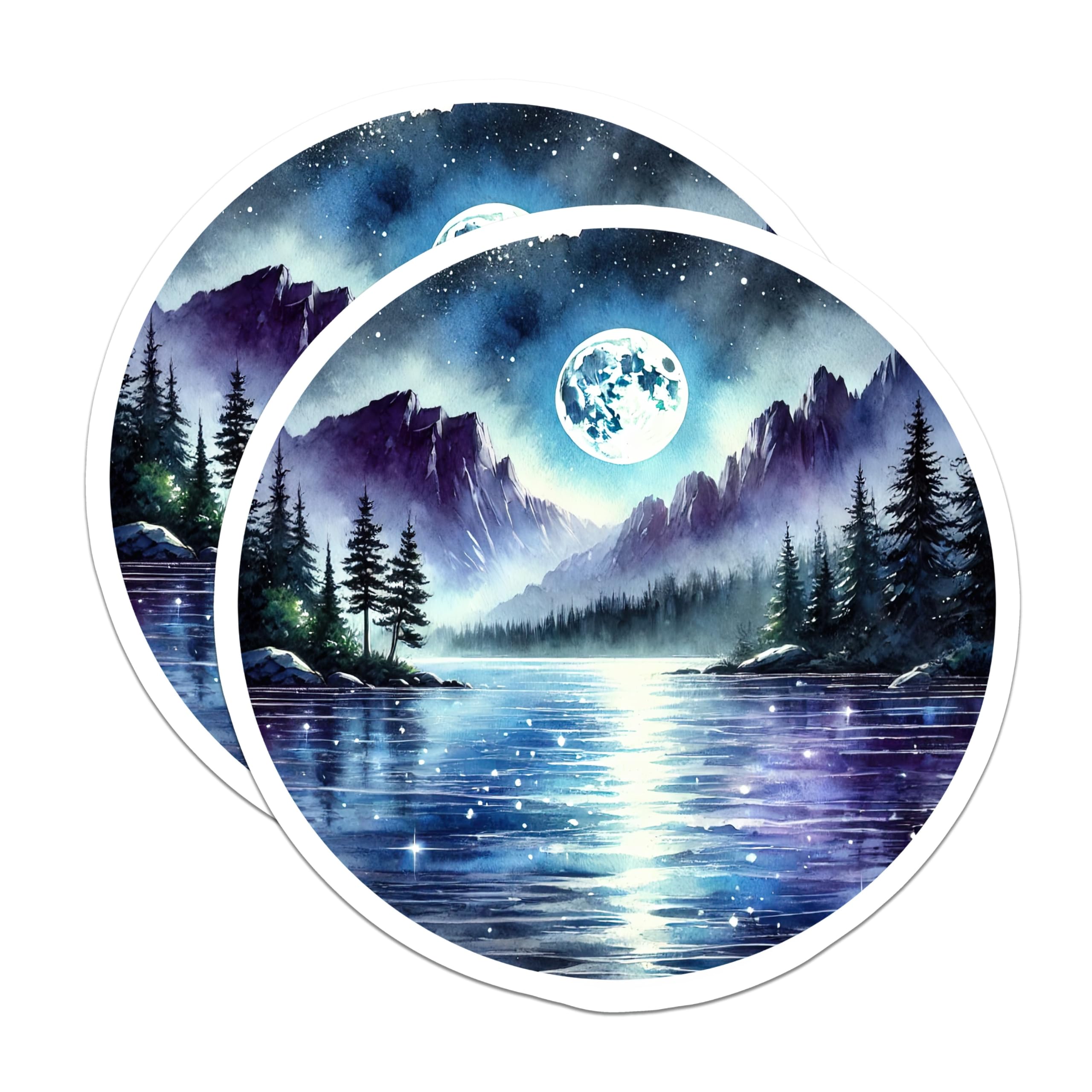 (2 Pack) Landscape Magnets - Lake Moon Art - Mountain View Fridge Decor - 5" On Longest Side - Premium Magnet - for Cars, Refrigerators, Toolboxes, Lockers - Made in USA - MAG17896