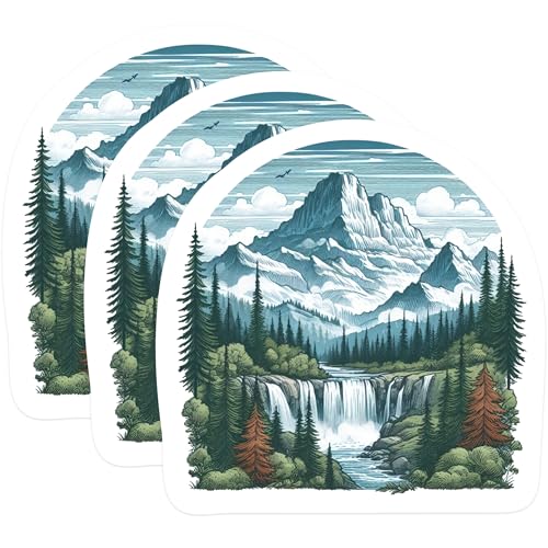 (3 Pack) Mountain Waterfall Decals - Nature Scenery Stickers - Laptop Water Bottle Decal - 3 Inches On Longest Side - Easy Peel & Apply - Made in USA - 3MCS1159