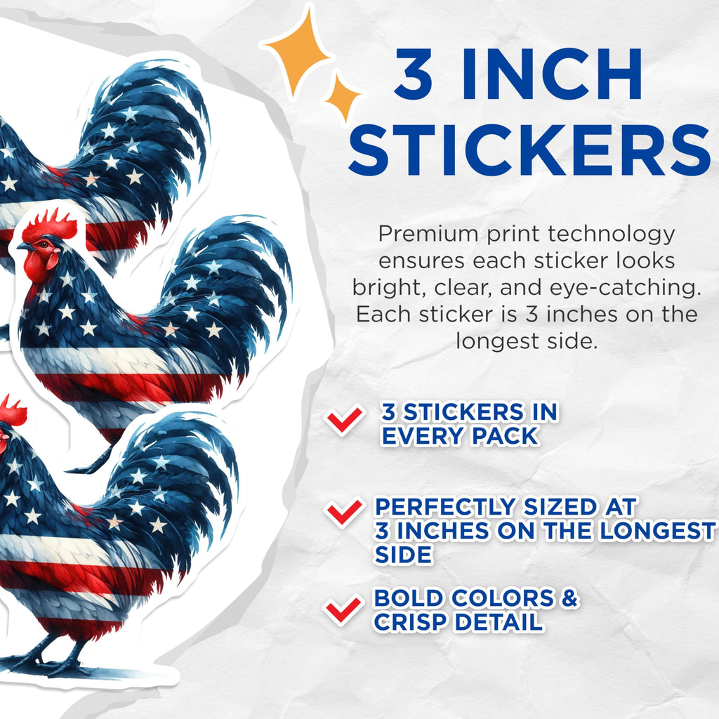 (3 Pack) American Flag Rooster Decals - Patriotic Chicken - USA Pride Decor- 3 Inches On Longest Side - Easy Peel & Apply - Made in USA - 3MCS5322
