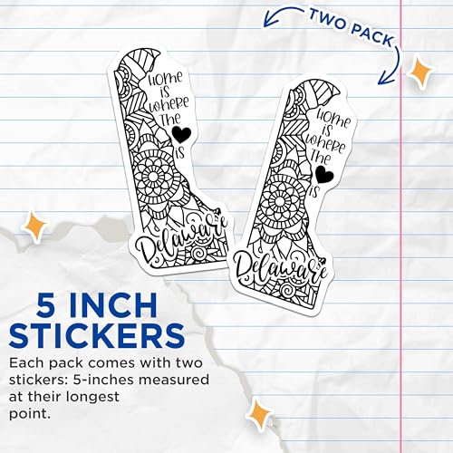 (2 Pack) Delaware State Mandala Stickers - Home is Where The Heart is - Artistic State Decals - 5" On Longest Side - Sticks to Smooth Flat Surfaces - Made in USA - BMCS9106