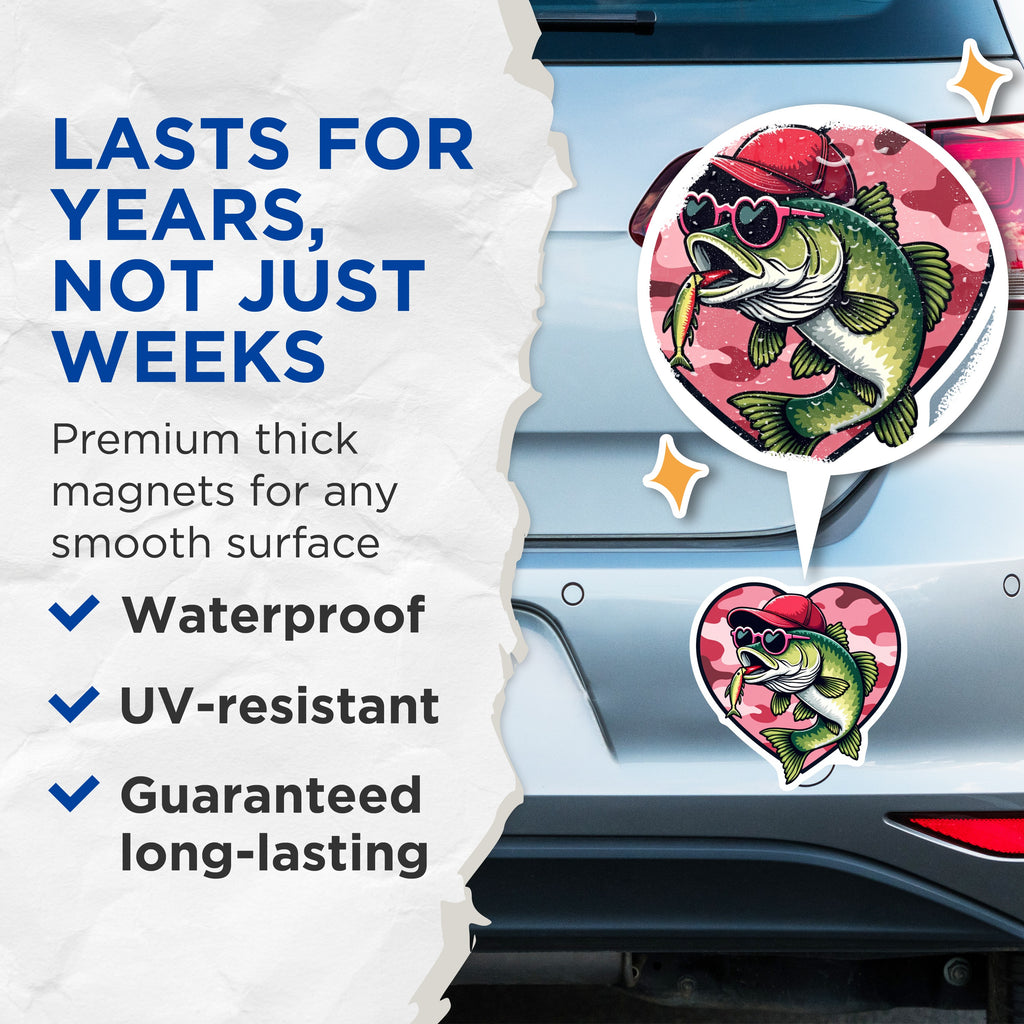 (2 Pack) Cool Bass Fish Magnets - Pink Camo Heart Angler - Funny Fisherman Refrigerator Decor - 5 Inches On Longest Side - Thick Durable Magnet - Made in USA - MAG37878