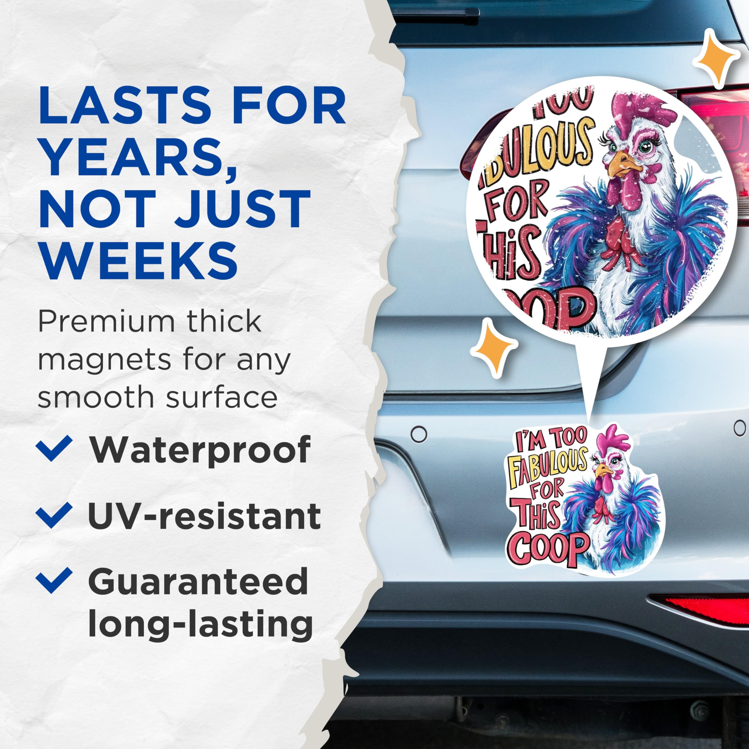 (2 Pack) I'm Too Fabulous for This Coop Magnets - Chicken Farmer Funny Sassy Sarcastic - 5 Inches On Longest Side - Premium Magnet - for Cars, Refrigerators, Toolboxes - Made in USA - MAG2146