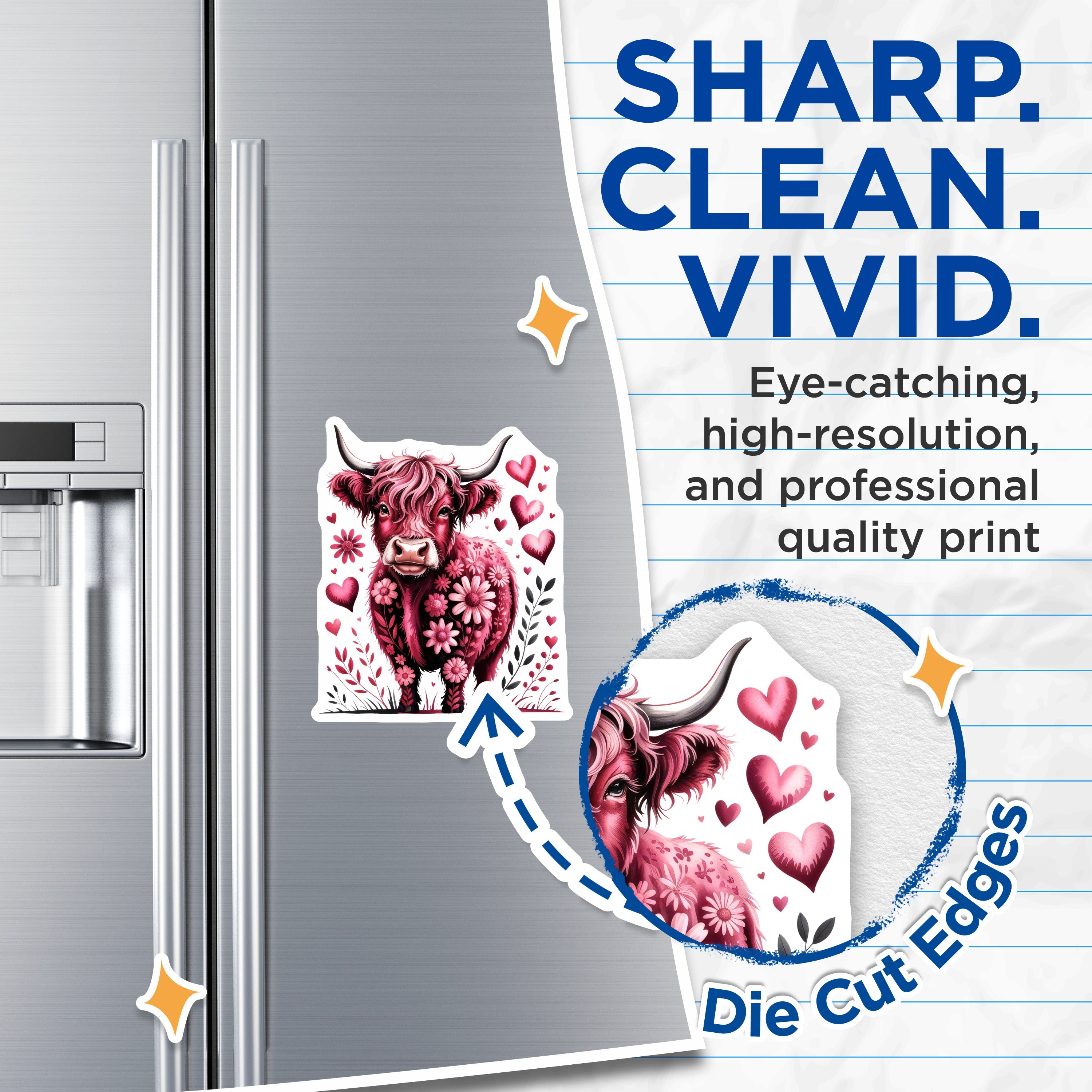 (2 Pack) Pink Highland Cow Magnets - Floral Farmhouse Decor - Cute Coquette Refrigerator Magnet - 5 Inches On Longest Side - Thick Durable Magnet - Made in USA - MAG38078