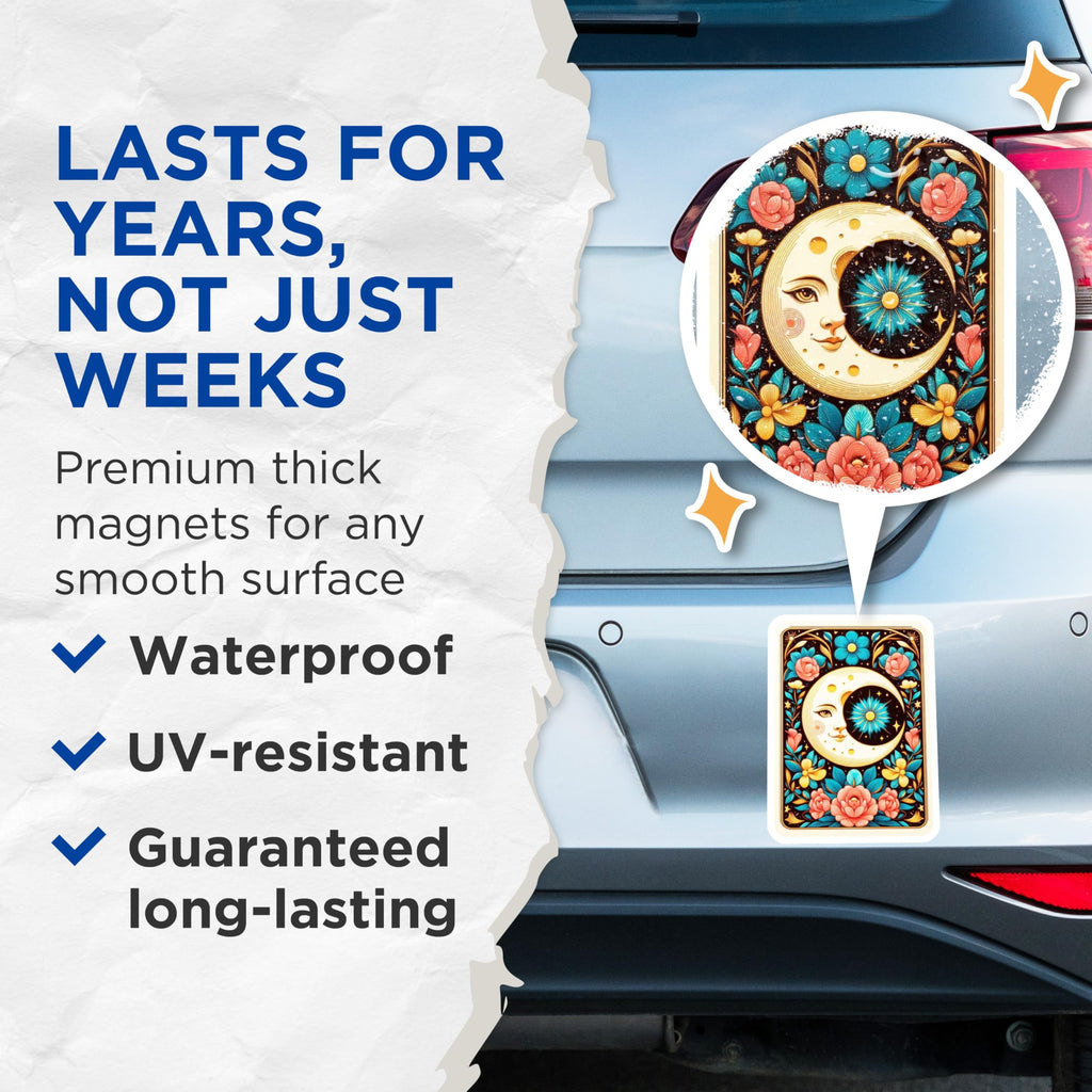 (2 Pack) Mystical Moon Magnets - Celestial Floral Art - Bohemian Kitchen Decor Accent - 5 Inches On Longest Side - Thick Durable Magnet - Made in USA - MAG21874