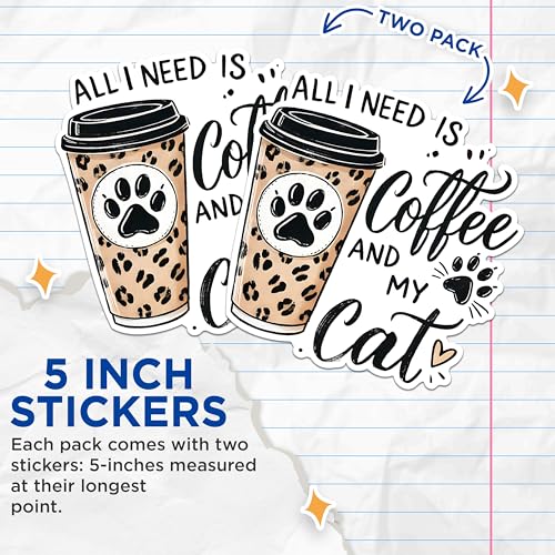 (2 Pack) Coffee and Cat Stickers - Cat Lover Stickers - Coffee Paw Print Stickers - 5" On Longest Side - Sticks to Any Smooth Flat Surface - Made in USA - BMCS2800