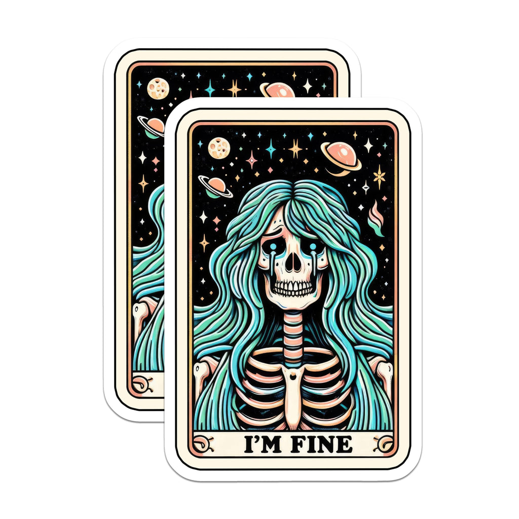 (2 Pack) I'm Fine Skeleton Tarot Stickers - Unique Gothic Aesthetic - Dark Humor Art Sticker - Celestial Skeleton Designs - 5" On Longest Side - Sticks to Smooth Flat Surfaces - Made in USA - BMCS5103