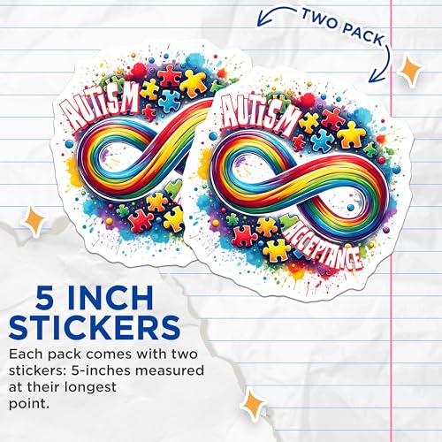 (2 Pack) Autism Acceptance Stickers - Colorful Awareness Stickers - Autism Support Stickers - 5" On Longest Side - Sticks to Any Smooth Flat Surface - Made in USA - BMCS3202