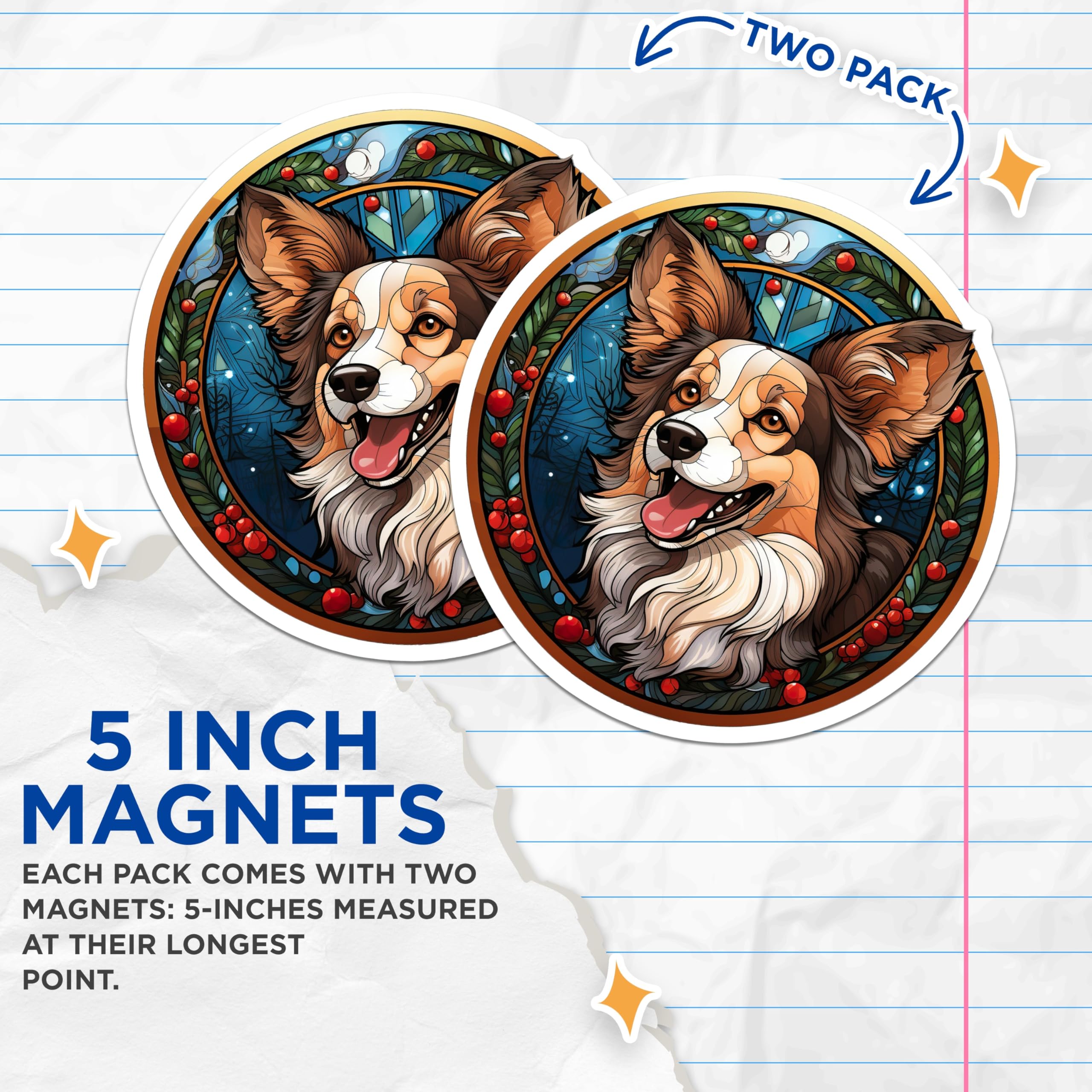 (2 Pack) Happy Dog Magnets - Stained Glass Winter Art - Pet Lover Refrigerator Decor - 5 Inches On Longest Side - Thick Durable Magnet - Made in USA - MAG25709