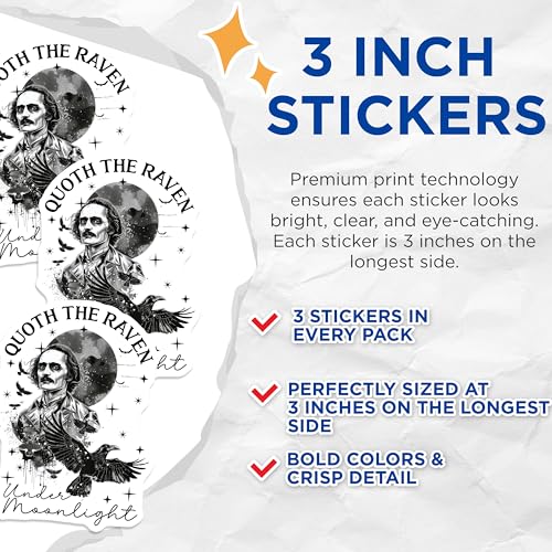 (3 Pack) Edgar Allan Poe Decals - Raven Art - Gothic Laptop Decals - 3 Inches On Longest Side - Easy Peel & Apply - Made in USA - 3MCS2327