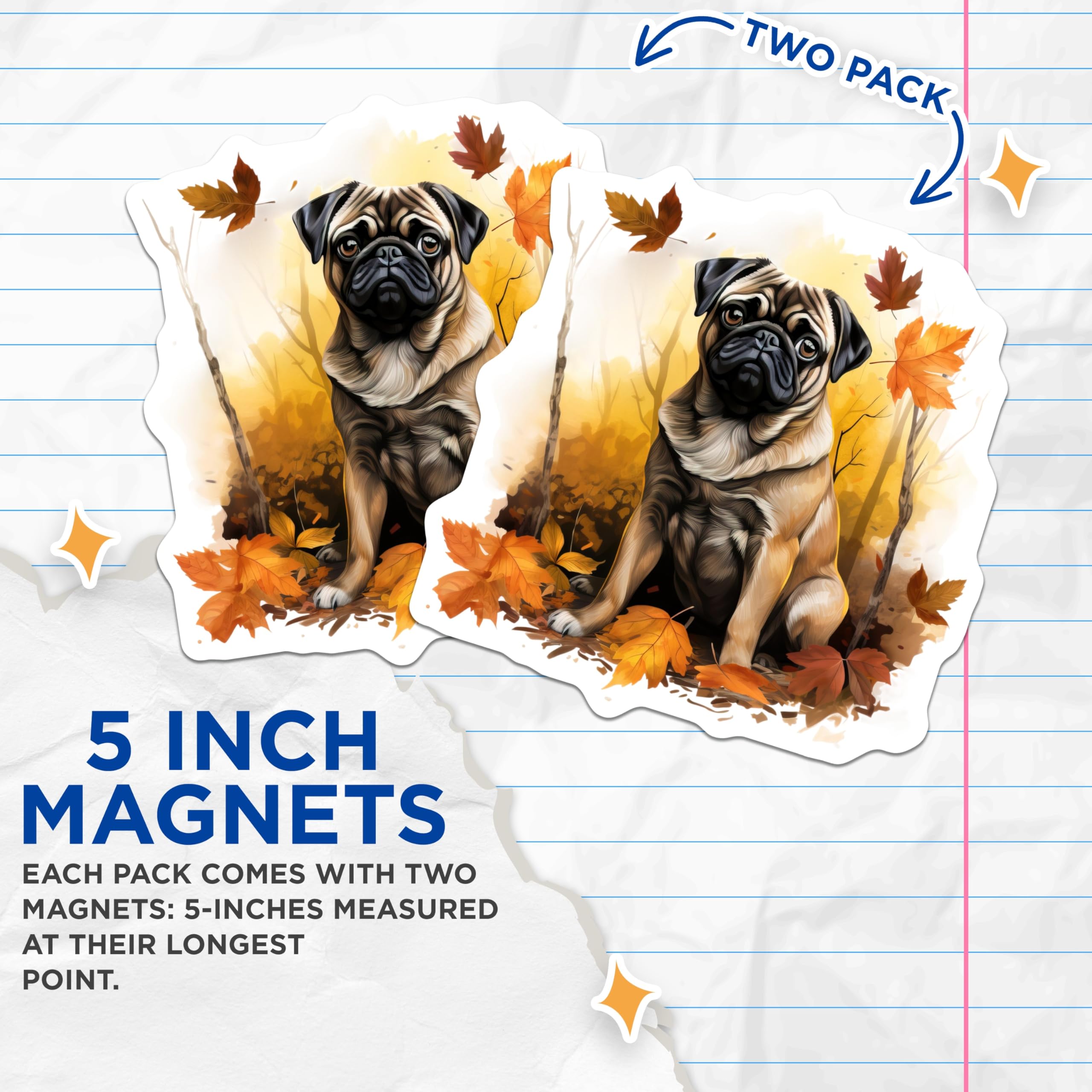 (2 Pack) Pug Dog Autumn Fall Leaves Magnets - Cute Pet Animal Woodland Forest Decor - Refrigerator Locker Display - 5 Inches On Longest Side - Thick Durable Magnet - Made in USA - MAG24805
