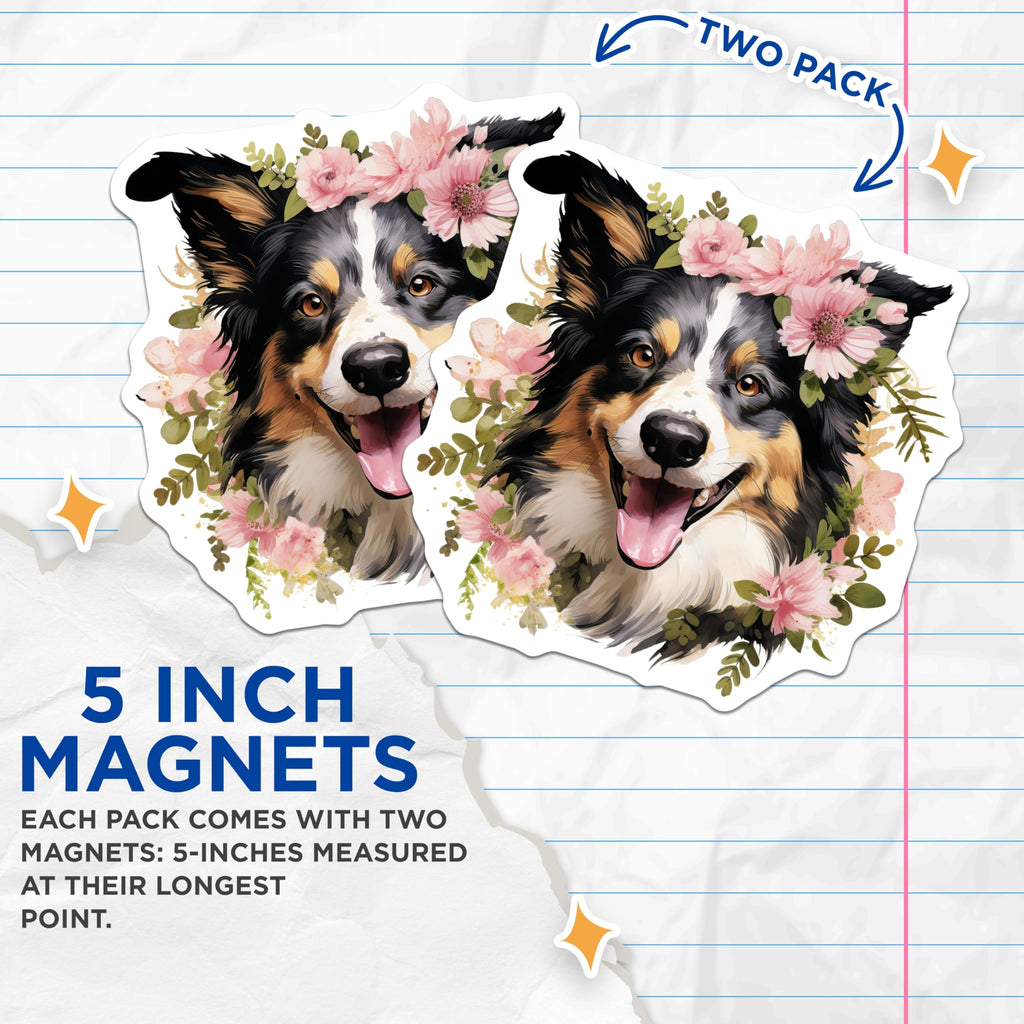 (2 Pack) Floral Dog Magnets - Australian Shepherd Border Collie Art - Dog Mom Kitchen Decor - 5 Inches On Longest Side - Thick Durable Magnet - Made in USA - MAG27536