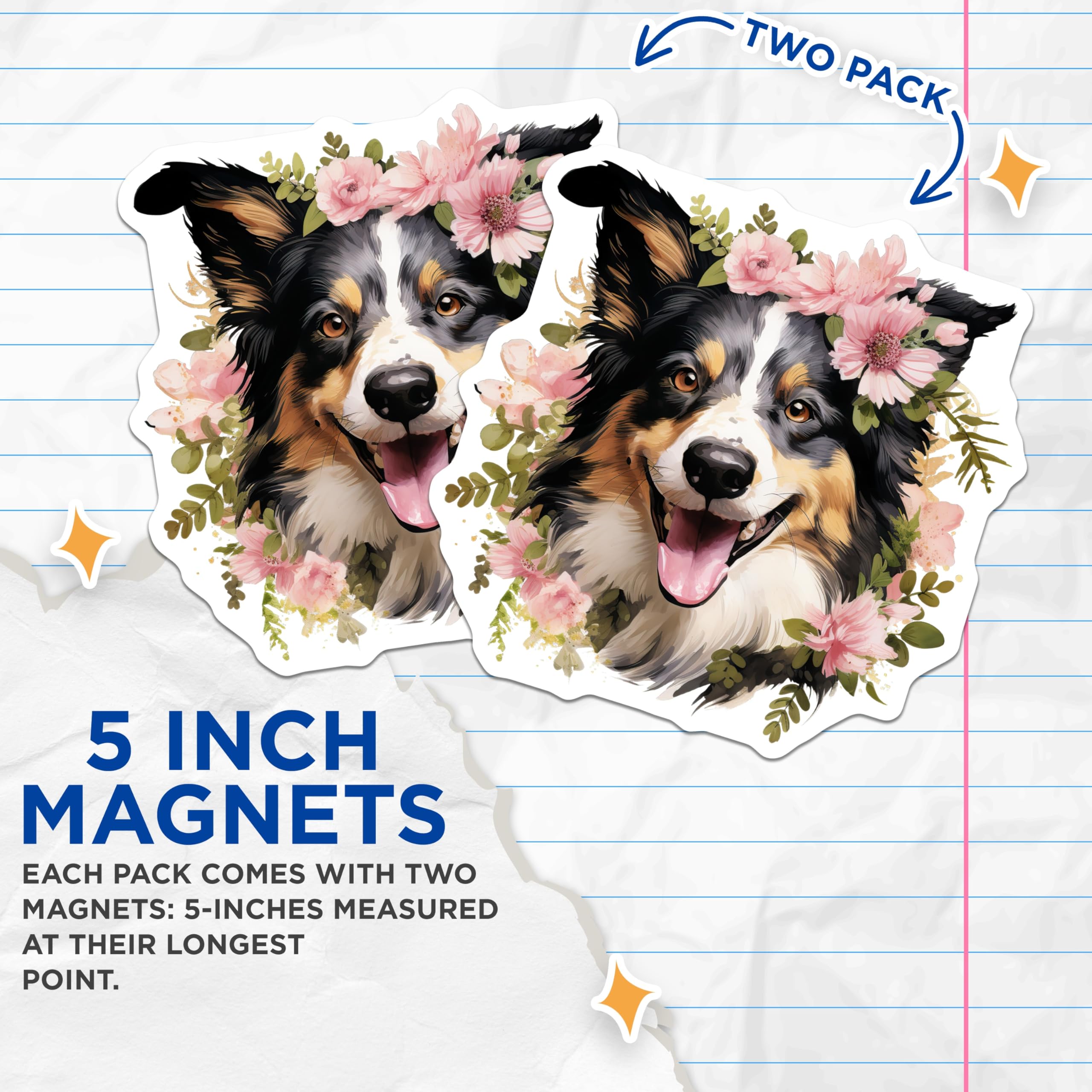 (2 Pack) Floral Dog Magnets - Australian Shepherd Border Collie Art - Dog Mom Kitchen Decor - 5 Inches On Longest Side - Thick Durable Magnet - Made in USA - MAG27536