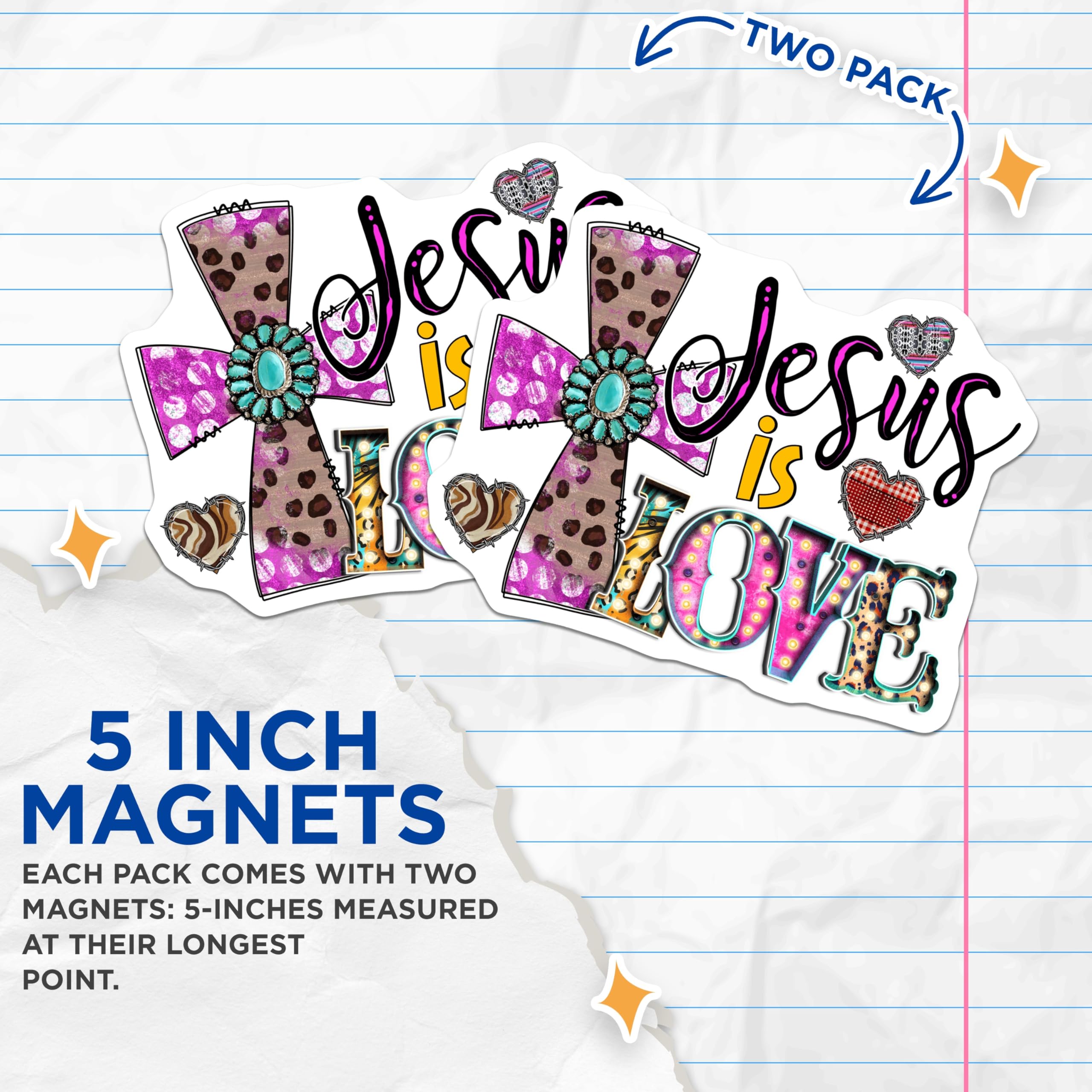 (2 Pack) Jesus is Love Magnets - Christian Faith Decor - Western Boho Leopard Print - Turquoise Concho Design - 5 Inches On Longest Side - Thick Durable Magnet - Made in USA - MAG24921