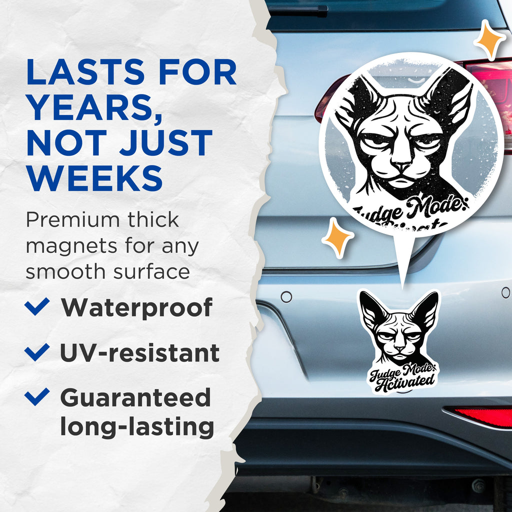 (2 Pack) Sphynx Cat Magnets - Judge Mode Activated - Funny Animal Humor - Quirky Refrigerator Decor - 5 Inches On Longest Side - Thick Durable Magnet - Made in USA - MAG39167