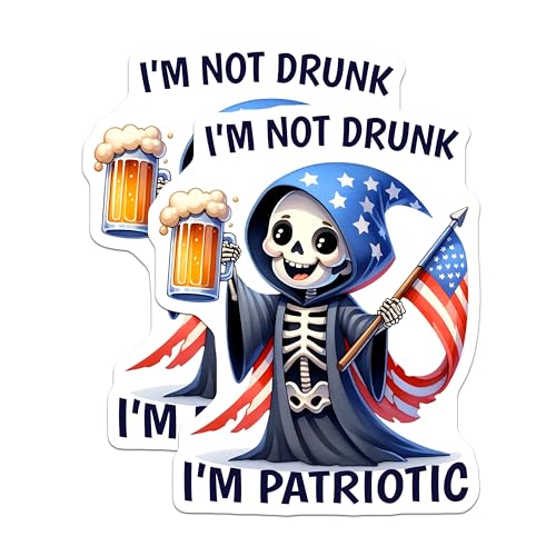 (2 Pack) Patriotic Skeleton Stickers - Funny Drinking - Grim Reaper with USA Flag - 5" On Longest Side - Sticks to Smooth Flat Surfaces - Made in USA - BMCS7917