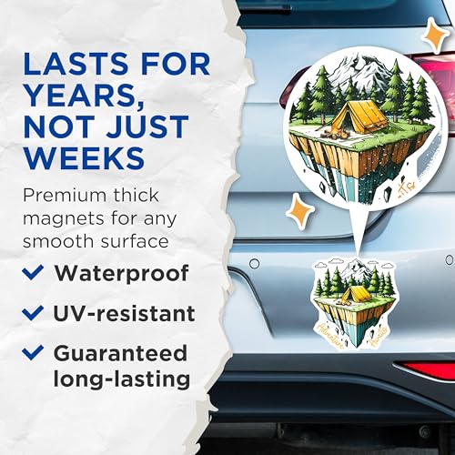 (2 Pack) Adventure Awaits Magnets - Camping Tent Magnets - Nature Lover Magnets - Outdoor Adventure Magnets - 5" On Longest Side - for Cars, Refrigerators, Toolboxes, Lockers - Made in USA BMCS3269