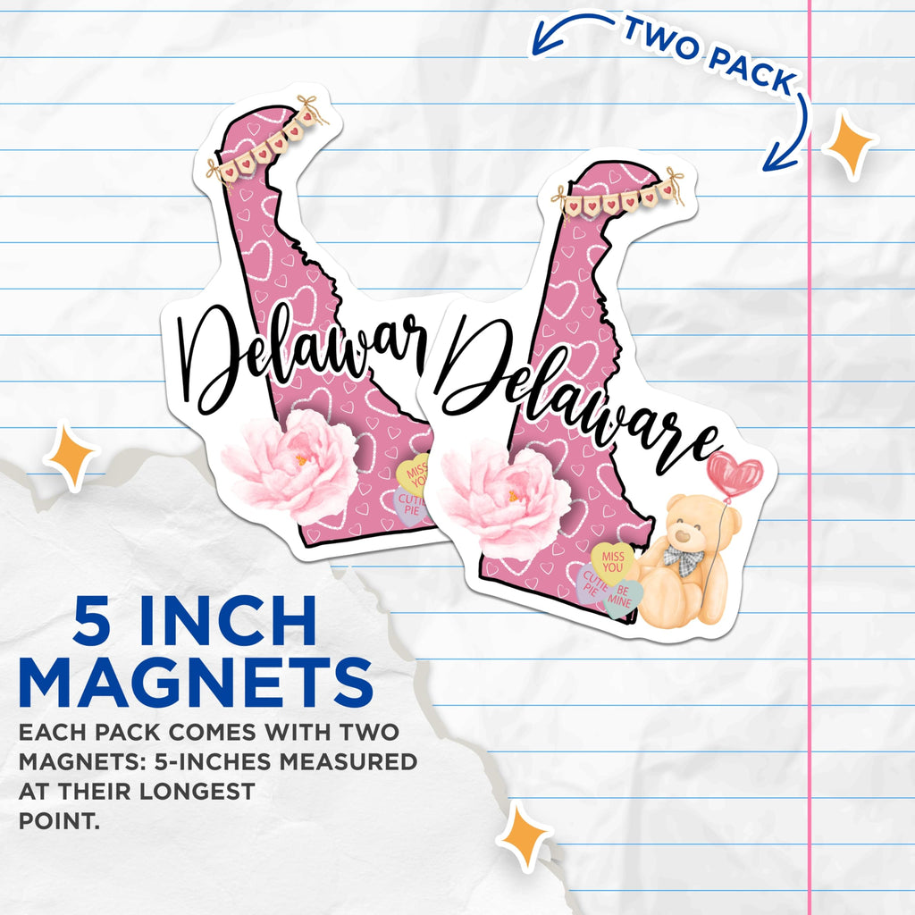 (2 Pack) Delaware State Magnets - Teddy Bear Candy Hearts - Pink Heart Magnets - 5" On Longest Side - Premium Magnet - for Cars, Refrigerators, Toolboxes, Lockers - Made in USA - MAG18604