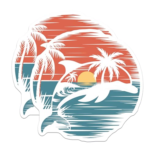 (2 Pack) Tropical Beach Dolphin Stickers - Ocean Sunset Stickers - Palm Tree Stickers - 5" On Longest Side - Sticks to Smooth Flat Surfaces - Made in USA - BMCS5264