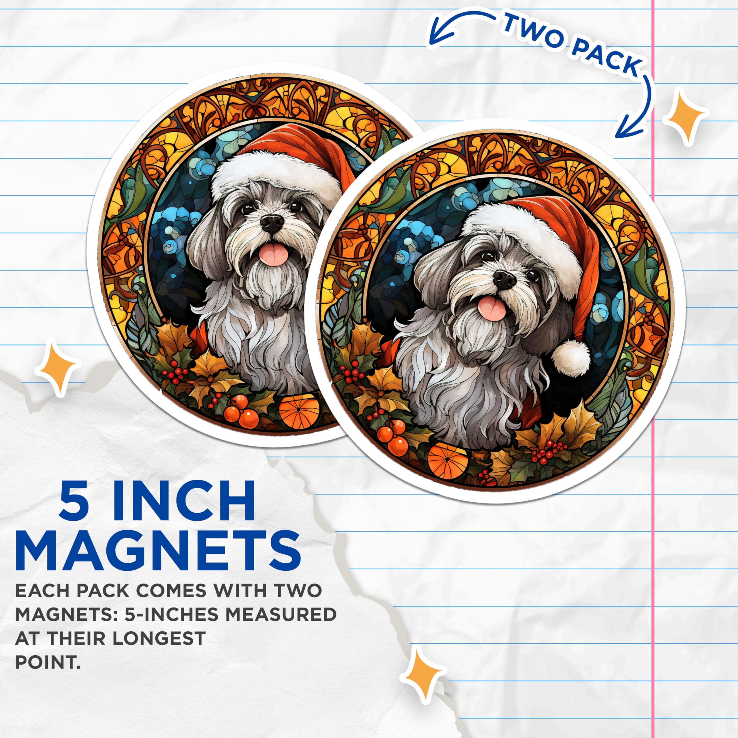 (2 Pack) Shih Tzu Christmas Magnets - Stained Glass Dog Art Magnets - Holiday Pet Lover Fridge Decor - 5 Inches On Longest Side - Thick Durable Magnet - Made in USA - MAG30033