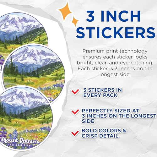 (3 Pack) Mount Rainier Decals - National Park Stickers - Laptop Decal Set - 3 Inches On Longest Side - Easy Peel & Apply - Made in USA - 3MCS0480