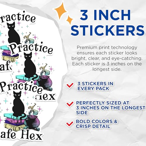 (3 Pack) Witchy Cat Decals - Practice Safe Hex - Magic Laptop Decals - 3 Inches On Longest Side - Easy Peel & Apply - Made in USA - 3MCS1384