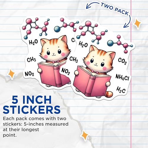 (2 Pack) Cute Chemistry Cat Stickers - Adorable Cat Reading Book - Science Kitty - Educational - 5" On Longest Side - Sticks to Smooth Flat Surfaces - Made in USA - BMCS8021