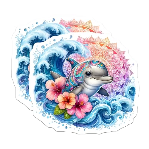 (2 Pack) Mandala Dolphin Stickers - Ocean Theme - Marine Life Art Stickers - 5" On Longest Side - Sticks to Smooth Flat Surfaces - Made in USA - BMCS9491